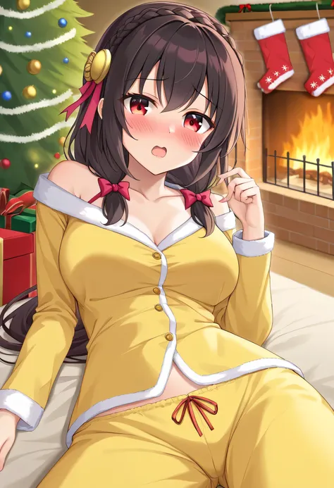 yunyun、masterpiece, top quality ,  high definition ,(One person), Yunyun、  crown braid in the same color as hair,  black hair、 red eyes、hair accessories, ( yellow pajamas with my shoulders out )、 big-breasted 、(blush)、( christmas tree:1.2)、( Staring at Old...