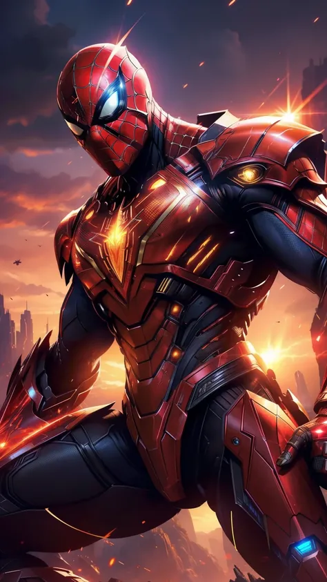 (intense, epic, heroic:1.5), 8k, best quality, Spider-Man Cyborg standing victorious on a pile of defeated high-tech robots, glowing claws retracting, his digital visor flickering with tactical data, metal wings folded back, sunset light reflecting off his...