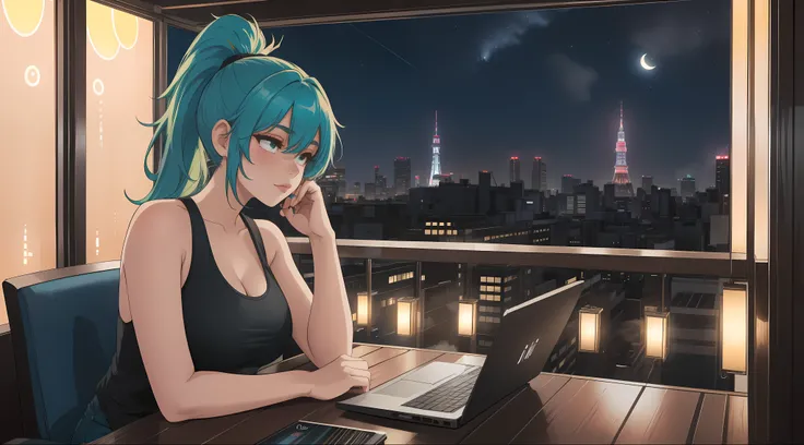 "A young woman with green hair tied in a ponytail sits on a chair on a rooftop balcony, gazing up at the starry night sky. She is dressed in a black tank top and blue jeans, her posture relaxed yet thoughtful. A laptop is open on the small table beside her...