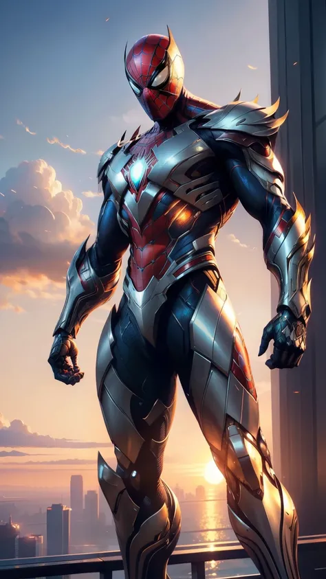 (elegant, artistic, serene:1.3), masterpiece, hyper-realistic, 8k, Spider-Man Cyborg standing on a rooftop at sunrise, metal wings folded elegantly behind him, glowing circuit spider emblem softly pulsating, digital visor deactivated, intricate details of ...