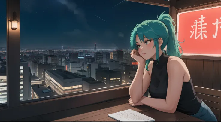 "A young woman with green hair tied in a ponytail sits on a chair on a rooftop balcony, gazing up at the starry night sky. She is dressed in a black tank top and blue jeans, her posture relaxed yet thoughtful. A laptop is open on the small table beside her...