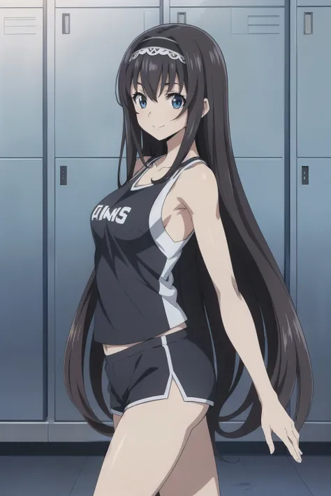 from side, 1 girl, cute, black long hair, (hair band), masterpiece, smile, (basketball uniform/tank top/shorts), (posing In a locker room with many lockers), (anime cels style, Masterpiece, best quality, high resolution, anime colored, anime style, anime k...