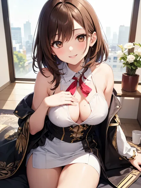  A Cup Breasts、 brown hair with beautiful cuticles 、Shiny brown hair、Brown hair with a nice scent、 smile like an idol、 super high quality 、 super high definition 、8k、 Delicate Depiction、Delicately depicted、((( cool costume 、 charming smile )))、 middle hair...