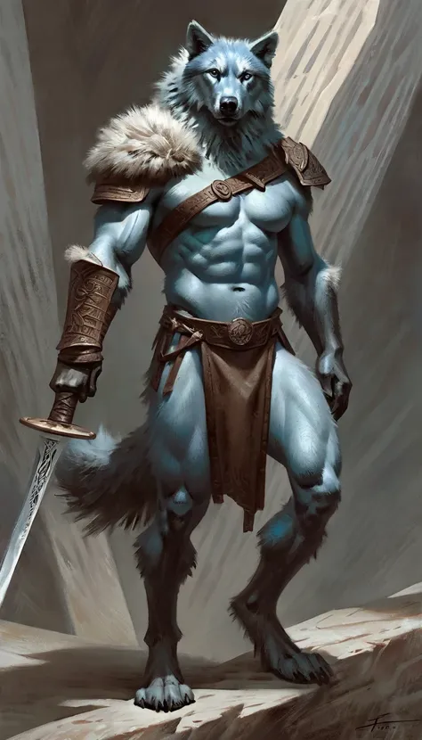 Light blue furry wolf male anthropomorphic gentleman holding a large sword in his left hand, alone,  arrogant expression,  masterpiece, The best art,  Full body , for taran violinist,  detailed eyes ,  detailed body, claws, high, top-less, Pecs,  Abdominal...