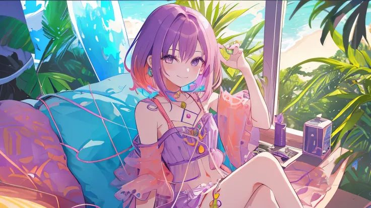 a girl with vibrant amethyst hair and details in another color smiling in the beatch, bossa nova vibes, chill and relax vibes, looking at screen, cute