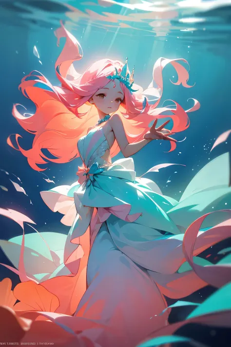 Create a humanoid idol character named Tia, inspired by coral. Her long, flowing hair has a soft gradient of pink, orange, and emerald green, resembling the vibrant colors of coral reefs. The tips of her hair are adorned with tiny pearls and seashells that...