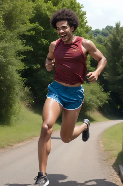 afro man, ((brown short hair)), pimple body, running, wearing shorts, laugh