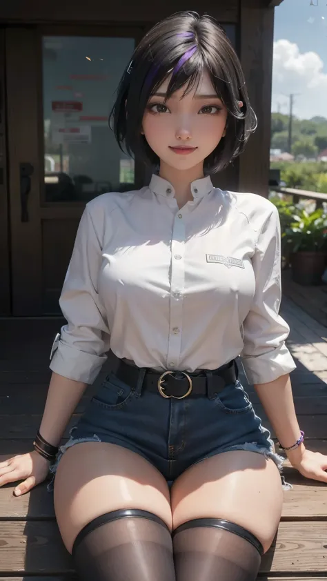 Gogo tomago,(best qualityer,4K,8k,high resolution,work of art:1.2)(weather: cloudy), Mondstadt bay background, wooden dock, white long blouse, bracelets, brown belt, tight denim mini skirt, thigh high stockings, laced shoes, flower hair jewelry, cheek mole...