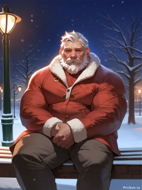 solo, 1boy, Muscular Old man, wide shoulder, pectoral, thick arms, wearing red jacket, pants, huge pectoral, look at viewer, wide pectoral, sitting on park, night, lamp, Christmas, dark, snow, winter, short white hair, detailed eyes, masterpiece, semireali...