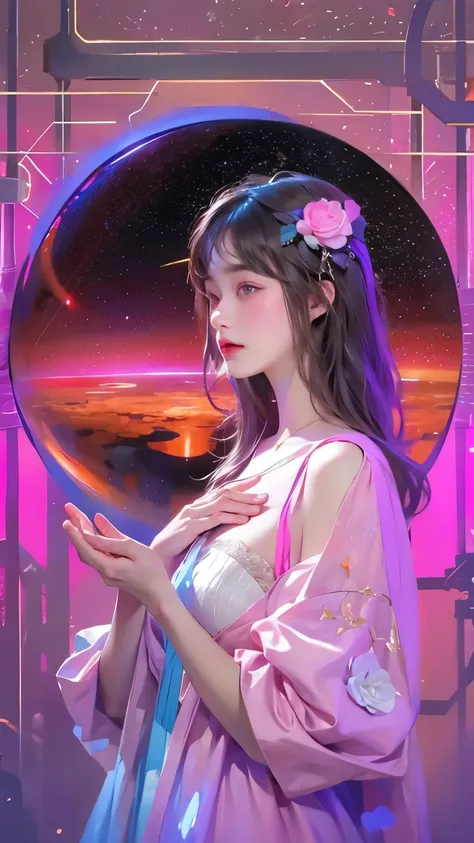 A girl holding a planet in her arms，close up，Glowing fluorescent feeling，Transparency，dream，Monets color scheme，Texture Matte，high quality，High Definition，Rose red，blue，Neon light，Space Background