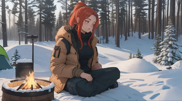 "A tranquil winter camping scene atop a snowy mountain, evoking a serene and adventurous mood. A young woman with blonde-red hair tied in a sleek ponytail is sitting near a modern campfire with a warm, flickering glow, surrounded by advanced yet nature-ins...