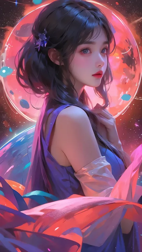 A girl holding a planet in her arms，close up，Glowing fluorescent feeling，Transparency，dream，Monets color scheme，Texture Matte，high quality，High Definition，Rose red，blue，Neon light，Space Background