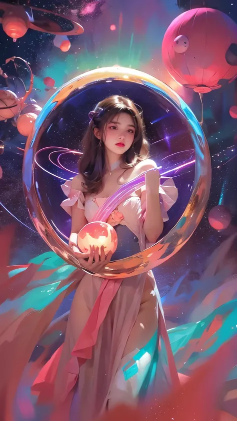 A girl holding a planet in her arms，close up，Glowing fluorescent feeling，Transparency，dream，Monets color scheme，Texture Matte，high quality，High Definition，Rose red，blue，Neon light，Space Background