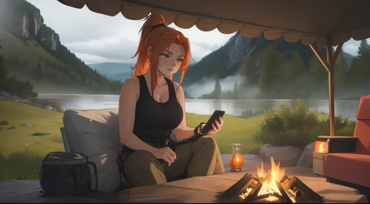 "A picturesque camping scene on a misty mountain during the rainy season, capturing a cozy and adventurous atmosphere. A young woman with blonde-red hair tied in a sleek ponytail is sitting near a modern campfire with a warm, glowing flame, surrounded by h...