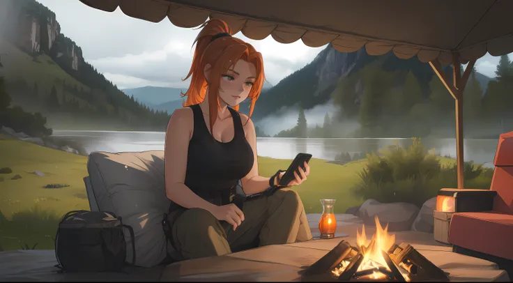"A picturesque camping scene on a misty mountain during the rainy season, capturing a cozy and adventurous atmosphere. A young woman with blonde-red hair tied in a sleek ponytail is sitting near a modern campfire with a warm, glowing flame, surrounded by h...