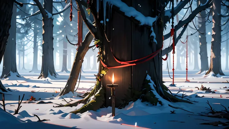 dark but festive christmas, red accents, christmas in a horror game, ultra detailed, intricate, cinematic lighting, moody atmosphere, chiaroscuro, dramatic shadows, embers, frost, snow, icicles, twisted trees, creepy forest, abandoned house inside, library...