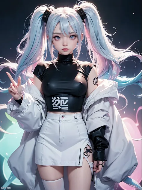 2 s,  neon white hair ,  moonlight eyes , fox ear,  sleeve tattoos and piercings  (( anime style )),  Harajuku-inspired hip-hop clothing, soft colors,  background with neon ink splashes , Soft stroke , Scene in Tokyo night, 4K, Hologram clothes,  high reso...