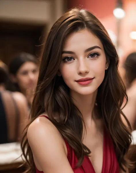 Beautiful portrait of 19 year old very beautiful Caucasian girl at a crowded Sex Party in Paris wearing red dress, looking at viewer, perfect medium breasts:1.3, wearing a sexy silk red short dress, (captivating eyes, pink lips, flawless skin), luxurious b...