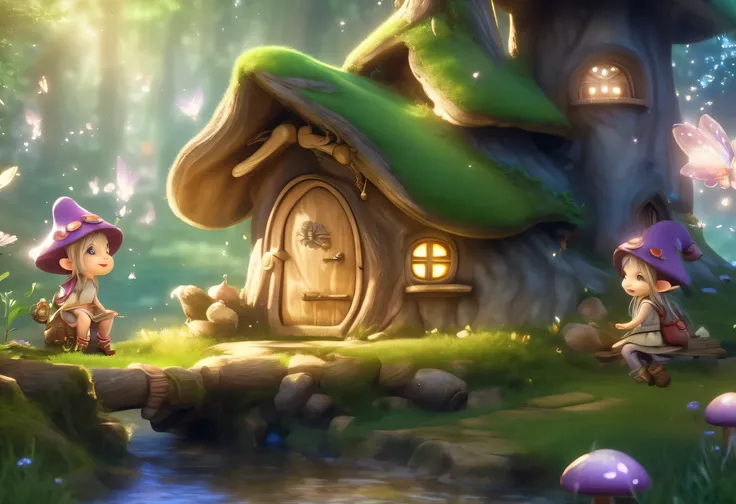 A cute little gnome sitting on a log in front of a mushroom house, with little fairies flying around with sparkles, story illustration by Arthur Pang, pixiv, fantasy art, magical village, bustling magical town, medieval fantasy town, fairy tale picture, fa...