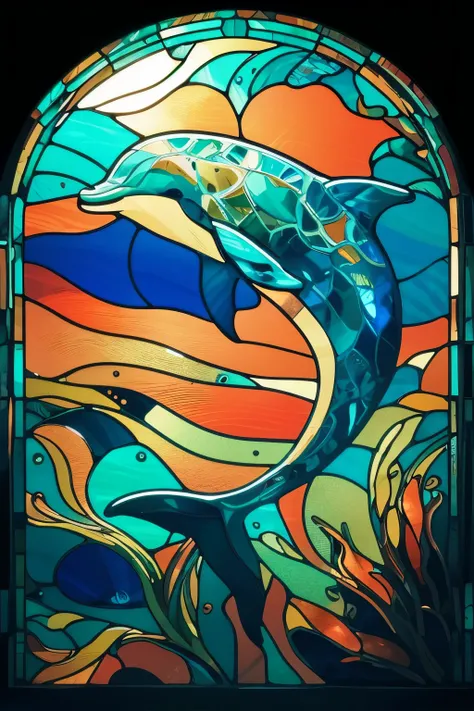 Dolphins are swimming.
Light is shining on the surface of the water.
The sea is a coral reef spreading out. Stained Glass アート， Stained Glass ，Vector art inspired by Pascal Blanche
