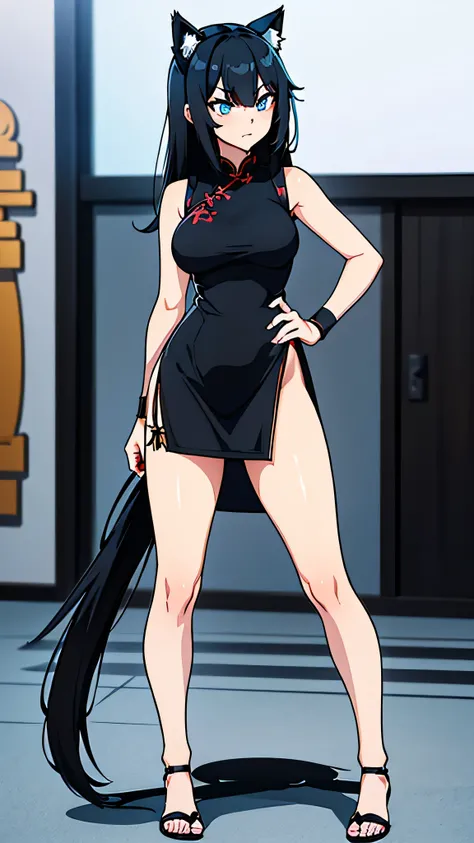 Full body (Hentaicat girl age 21 yearold) ( black hair, loose hairstyle )  with black cat ears, with black cat tail, big breasts (Light blue eyes, sharp eyes) Perfect finger (ชุด Black Chinese cheongsam dress sleeveless sexy) (Fuzzy black Wristbands) Stand...