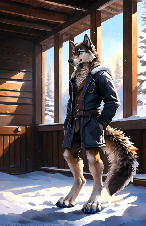 ((Solo)), male people, anthro wolf, (Multi-colored fur, White-brown:1.3，White tail pointed), (Height 2.1m,Tail length 1.2m), ((Wolf face, Big eyes, White eyelids, Blue pupil, Slim:1.2) (Tough, Calm expression:1.2)), Slim, pinging)), (Correct anatomy), (Win...