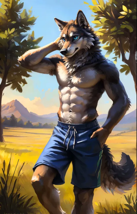 ((Solo)), male people, anthro wolf, (Multi-colored fur, White-brown:1.3，White tail pointed), (Height 2.1m,Tail length 1.2m), ((Wolf face, Big eyes, White eyelids, Blue pupil, Slim:1.2) (Tough, Calm expression:1.2)), Abs, Slim, pinging)), (Correct anatomy),...