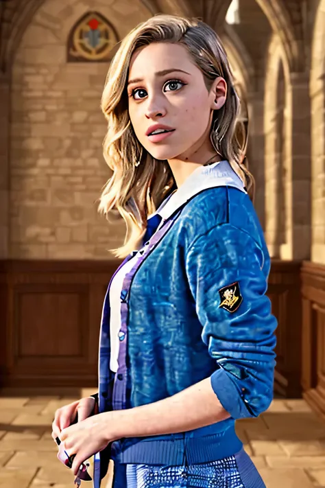 Lili reinhart in Great Hall in Hogwarts as ravenclaw student in hogwarts, movie poster, magical, 3d render, mystery, harry potter vibes