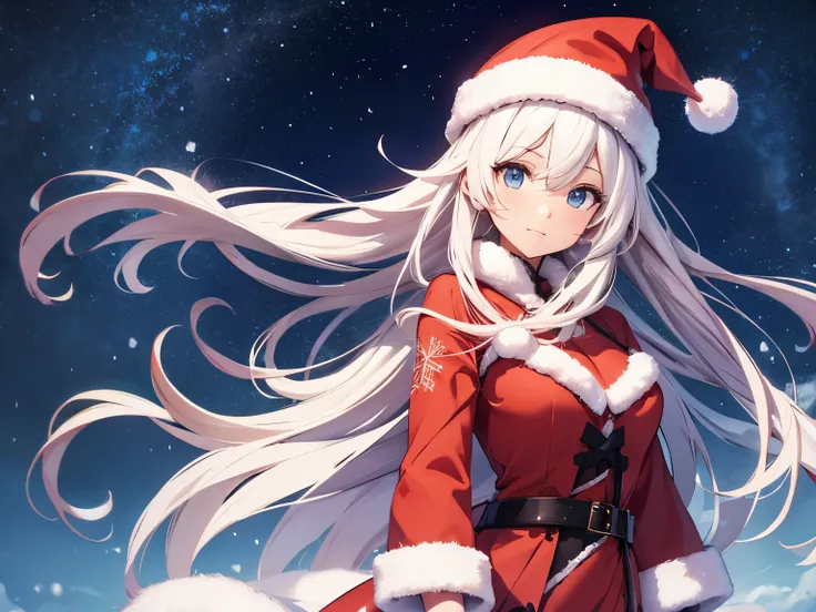 Anime girl character with long flowing hair, and wearing a Christmas dress, with winter background

