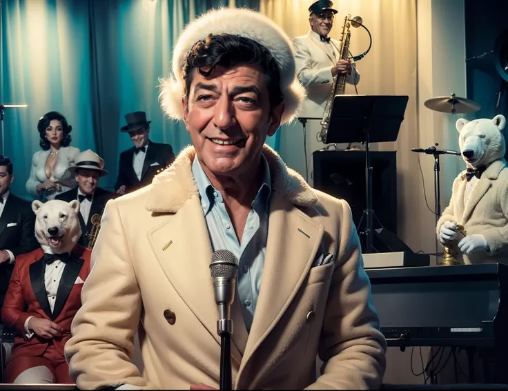 Belt portrait. Dean Martin on stage, in polar suit and fur cap with earflabs. At the retro microphone, smiling. In the background swing band (of polar bears). New Year retro vibe, realistic, detailed, masterpiece, 4k