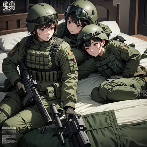  Overhead Camera、 A group of female soldiers in dark green military uniforms、 sleeping in bed、tactical helmet 、Goggles、Tactical vest、Magazine Pouch、Military Pants、Knee pads、Gloves，Write details、masterpiece、  Best Quality  、High precision CG  、 8K Picture Q...