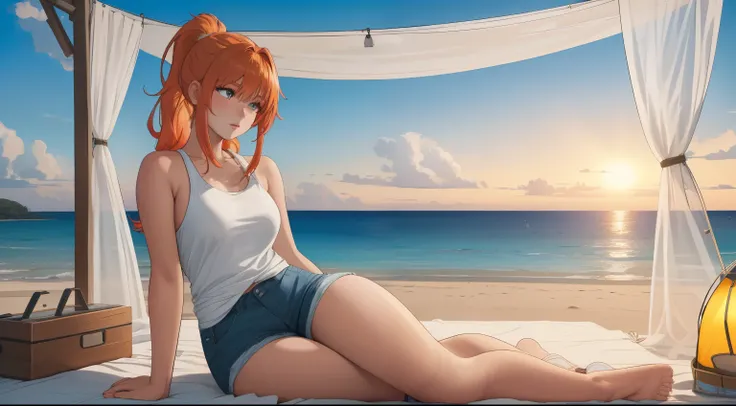 "A serene beach camping scene set against the backdrop of soft, white sand and a sparkling blue ocean. Gentle waves lap at the shore, their rhythmic motion harmonizing with the tranquil atmosphere. A woman with blonde-red hair tied in a sleek ponytail sits...