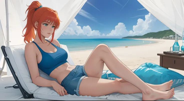 "Inside a cozy open tent on a pristine beach, a young woman sits cross-legged, gazing out at the vivid blue ocean stretching into the horizon. Her blonde-red hair is tied back in a sleek ponytail, and she’s dressed in a simple white tank top and denim shor...