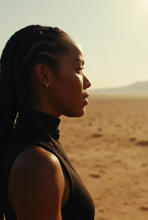 A close up torso half body view portrait of young african athletic female  wearing a sleeveless tight black dress giving a speech standing outside in the extremely sunny desert, she has long French braids

Very sweaty, very dehydrated, Sweaty, FLUX_Polyhed...
