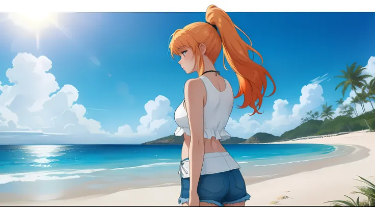 "A serene beach camping scene set against the backdrop of soft, white sand and a sparkling blue ocean. Gentle waves lap at the shore, their rhythmic motion harmonizing with the tranquil atmosphere. A woman with blonde-red hair tied in a sleek ponytail sits...