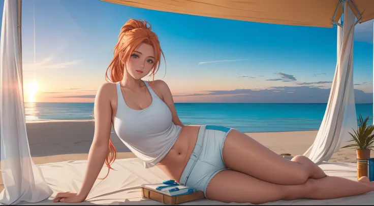 "A serene beach camping scene set against the backdrop of soft, white sand and a sparkling blue ocean. Gentle waves lap at the shore, their rhythmic motion harmonizing with the tranquil atmosphere. A young woman with blonde-red hair tied in a sleek ponytai...