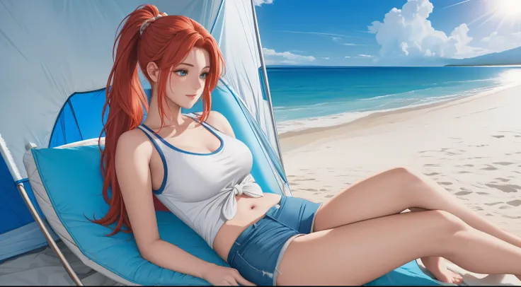 "Inside a cozy open tent on a pristine beach, a young woman sits cross-legged, gazing out at the vivid blue ocean stretching into the horizon. Her blonde-red hair is tied back in a sleek ponytail, and she’s dressed in a simple white tank top and denim shor...