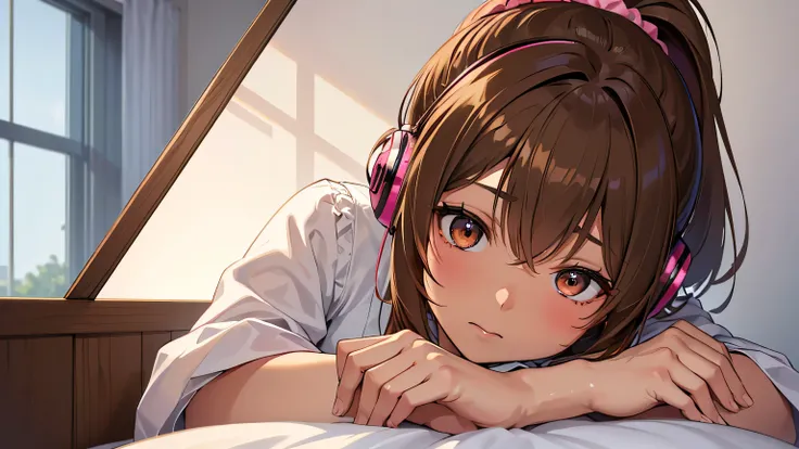 pink hair 、Woman with piano, ponytail, and scrunchies、Whoa Momoko in her nightdress 、 is sleeping on the bed facing backwards、Glass wall、 transparent glass window、 girl, girl,  headphones, Highly praised, (  highest image quality taken by Ki), best quality...