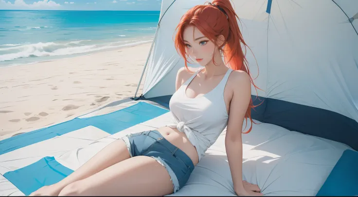 "Inside a cozy open tent on a pristine beach, a woman sits cross-legged, gazing out at the vivid blue ocean stretching into the horizon. Her blonde-red hair is tied back in a sleek ponytail, and she’s dressed in a simple white tank top and denim shorts, em...