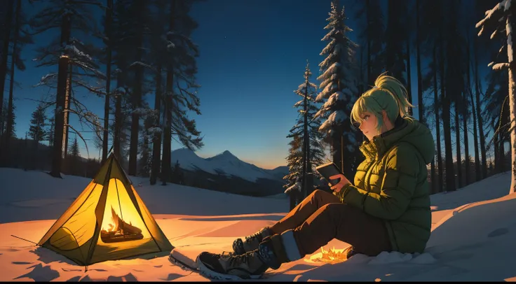 "A tranquil winter camping scene atop a snowy mountain, evoking a serene and adventurous mood. A woman with blonde-green hair tied in a sleek ponytail is sitting near a modern campfire with a warm, flickering glow, surrounded by advanced yet nature-inspire...