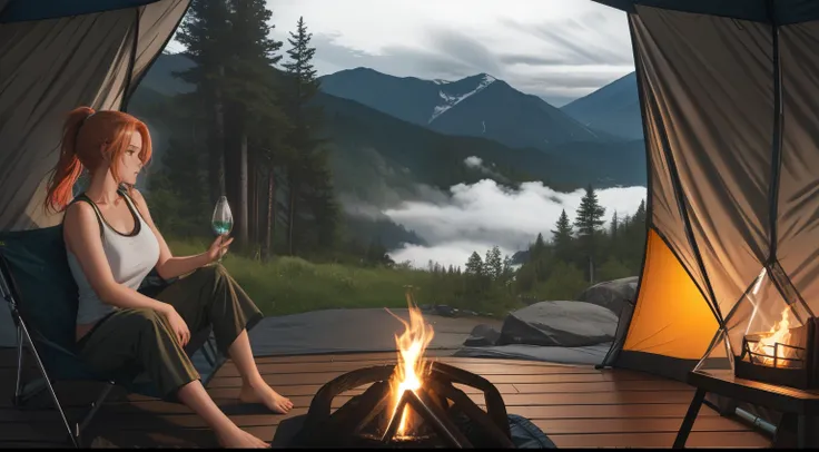 "A picturesque camping scene on a misty mountain during the rainy season, capturing a cozy and adventurous atmosphere. A young woman with blonde-red hair tied in a sleek ponytail is sitting near a modern campfire with a warm, glowing flame, surrounded by h...