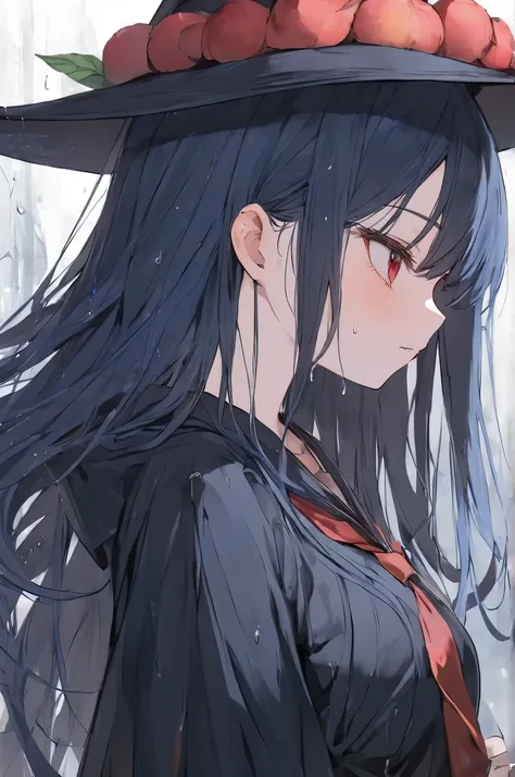  Top quality  ，  Best Quality ，  Official Art  ，cool, beautiful, And pick   ， Very Detailed （Fractional art 1 .2），most detailed，  a girl ，  expressionless faces  ， Dark blue long hair   ， wearing a wizard hat，  dark red eyes  ， Seductive Expression ,   bac...