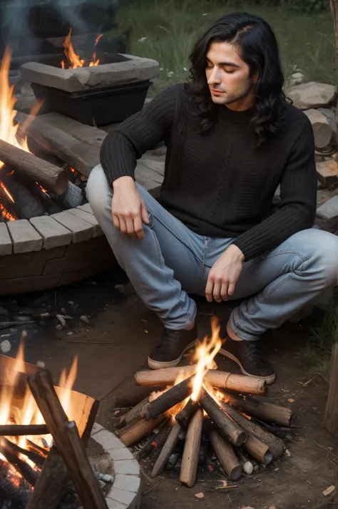 jew man, ((medium black wavy hair)), Warming himself by the campfire, wearing sweater and jeans, bonfire view