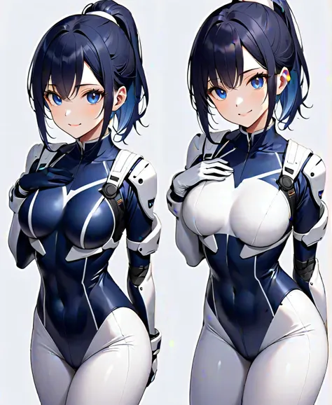 (​masterpiece、 top quality 、 highest resolution、Clear image、 detailed images、 The angle is from above ): ( A Japanese woman 、 high knot ponytail、 Dark Blue Hair 、Sparkling Blue Eyes、( white and navy blue pilot suit with enamel finish、 white and dark blue f...