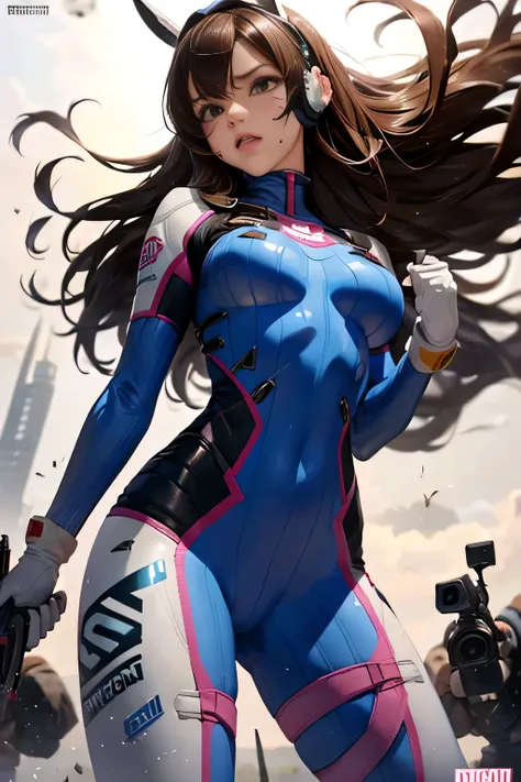 1 girl, (d.va(Overwatch):0.8), ,body of norman women not ,alone, long hair, Beard markings, tights, camel toe,nipples, crotch,badly defeated,naked, mustacsh on her partswearing not, half naked, camel toe shown,the moment a silver robot punches between her ...