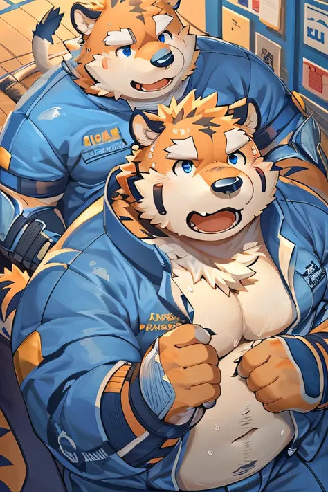 (  by Rusko   :1.3),(by Mok _Nameko:1.2),( darkroom),( by Gamma Chaos :1.2),(by hyduyad14:1.2),(author: Zixiong:1.1),( by Arashi Takemoto  ),(kemono:1.2),Tiger,Fat,( in her 20s),White eyebrow,  blue eyes ,(Grey Hair:0.8)sweat,(  Orange Fur  :1.1),Fat face,...