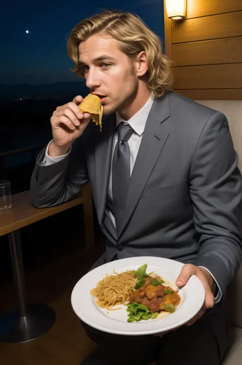 Georgians man, ((short blond wavy hair)), 40 years old, eating in the restaurant, wearing suit, night time view