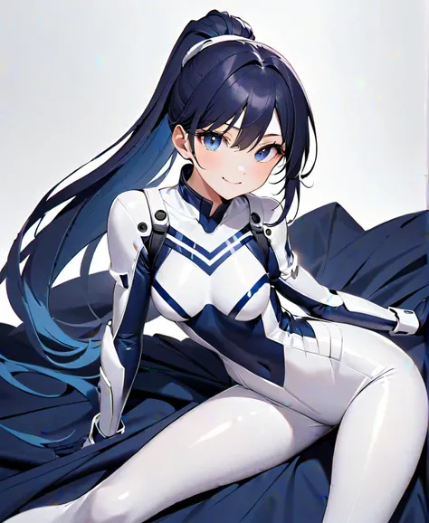 (​masterpiece、 top quality 、 highest resolution、Clear image、 detailed images、 The angle is from above ): ( A Japanese woman 、 high knot ponytail、 Dark Blue Hair 、Sparkling Blue Eyes、( white and navy blue pilot suit with enamel finish、 white and dark blue f...