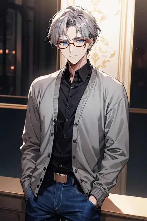 Europe, 21. A handsome guy, 23 year old. He has dark gray hair. He is wearing a black shirt, a light grey cardigan and dark red jeans. He wears silver-rimmed glasses. He has a calm expression on his face. He has dark blue eyes. The guy looks very serious.