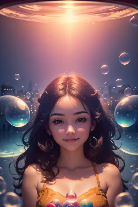 (cropped profile photo), ((1 beautiful young woman inside a soap bubble: 1.5)), sitting on a pink pillow, ((flying through a beautiful and magical fairy tale city: 1.4)), ( hyper detailed  : 1.3), ((Delicate dress with floral decorations: 1.4)), ((sunset b...